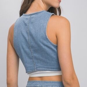 Threaded Pear Nora Blue Acid Wash Elastic Hem Button Up Denim Vest